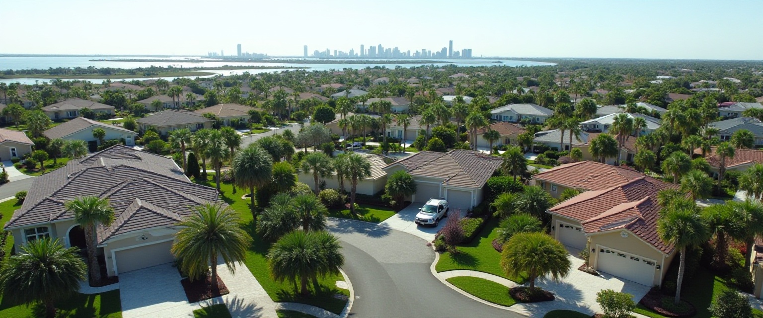 An aerial view of a curving suburban street of tile-roofed houses and palm trees, with a distant city skyline across the water