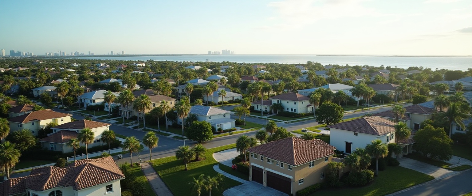 An aerial view of a suburban neighborhood of tile-roofed houses and palm trees, with a city skyline low on the horizon