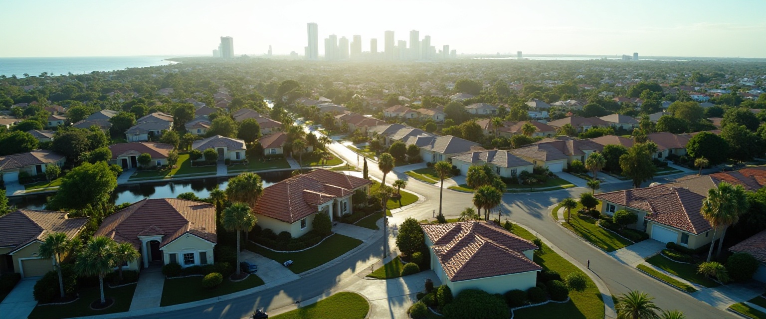 An aerial view over rows of houses and trees toward a city skyline on the water