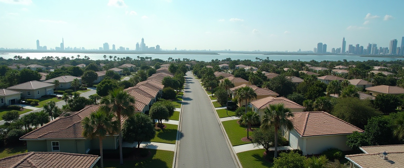 An aerial view down a straight residential road lined with palm trees and tile-roofed houses, running toward a city skyline on the water