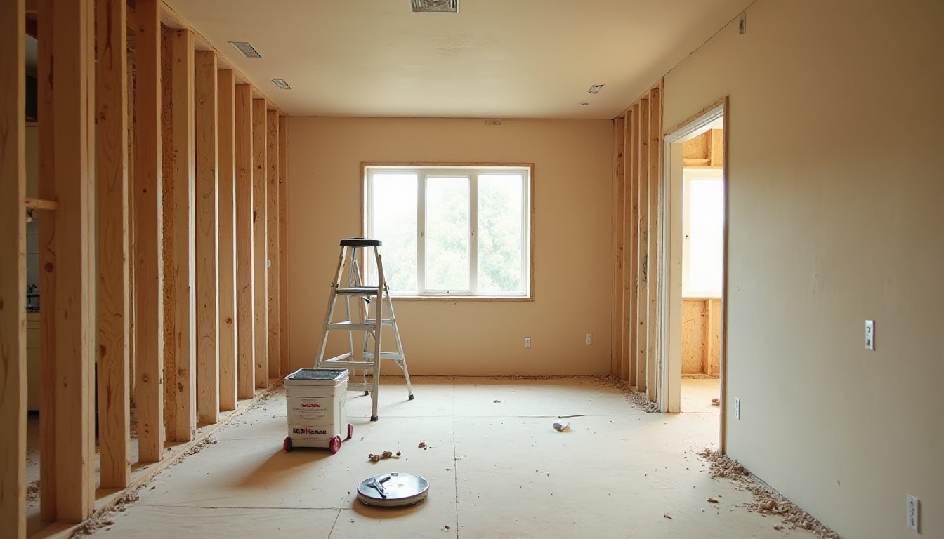 An unfinished room with exposed wall framing along one side, a stepladder and a paint bucket on the bare floor beneath a single window