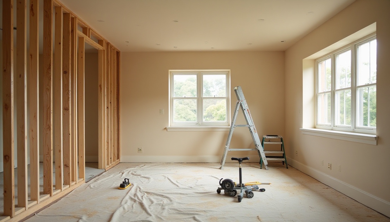 A bright room under renovation with exposed wall framing, a tall window, a stepladder and a drop cloth on the floor