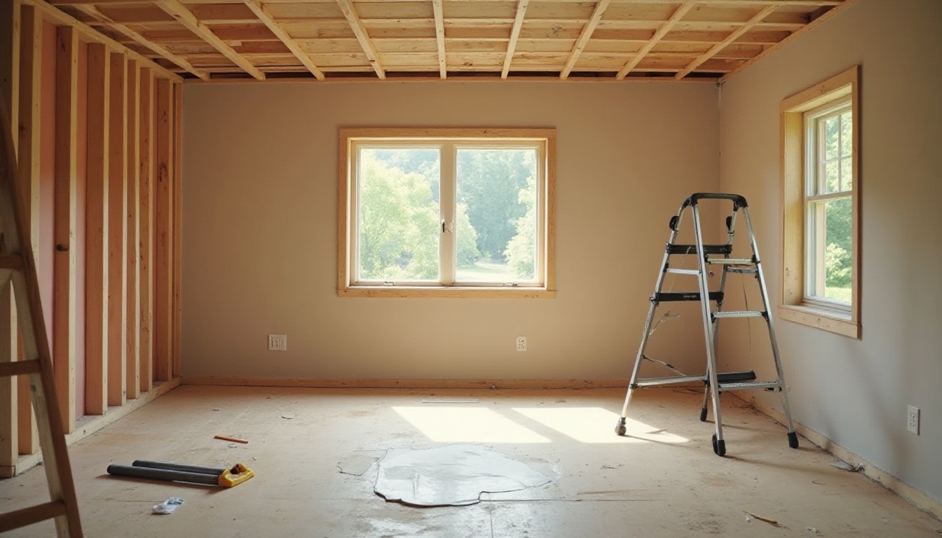 An empty room mid-renovation with exposed wall framing on the left, a stepladder by the far window and tools on a bare subfloor
