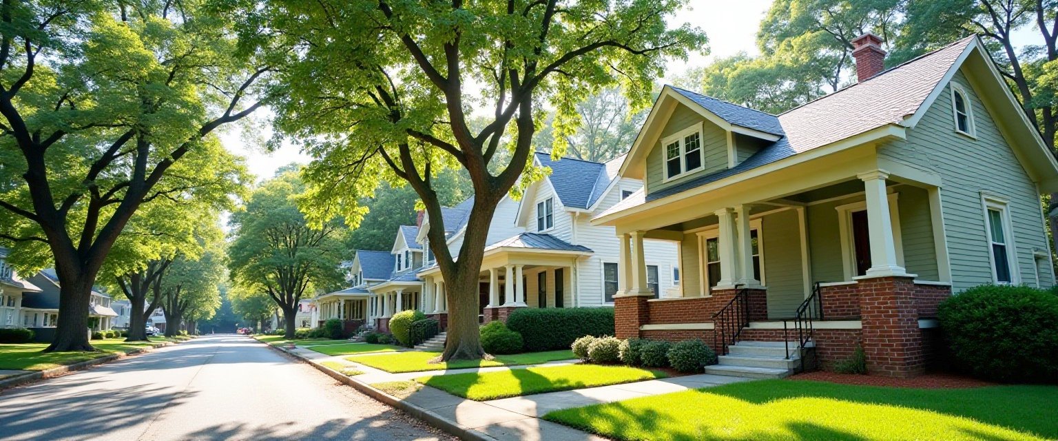 A sunny, oak-shaded Birmingham street of craftsman bungalows with deep front porches, brick piers and sage-green siding