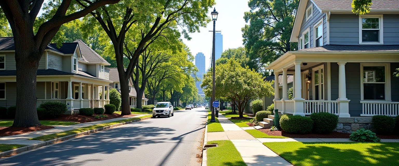 A tree-lined intown Atlanta street of craftsman bungalows with deep front porches, with the Midtown skyline in the distance