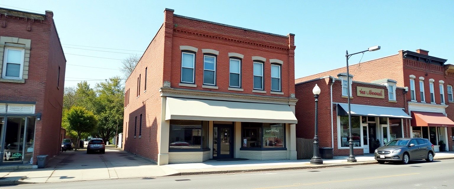 A small mixed-use brick building with a ground floor storefront and apartments above on a town main street