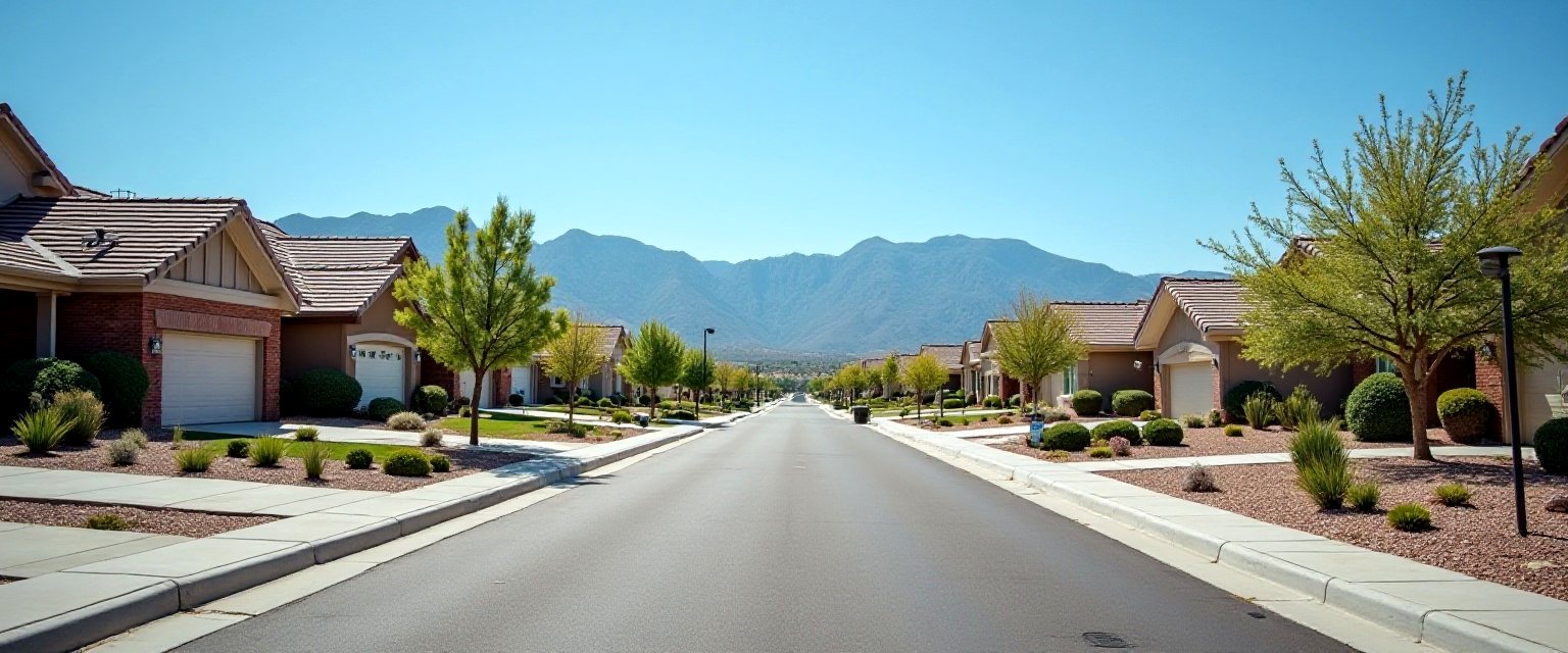 A street of single-storey ranch houses in a Colorado Springs neighbourhood with the front range visible in the distance