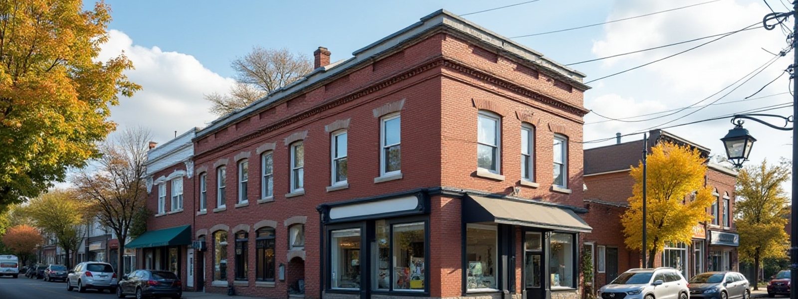 A two-storey brick mixed-use building on a town street with ground floor retail and offices above