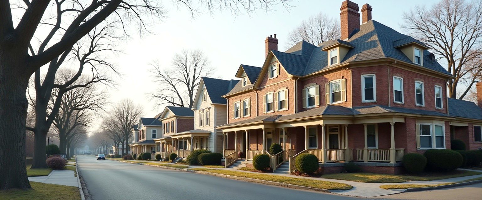 A street of turn-of-the-century Hartford multi-family houses with front porches and brick facades under a clear sky