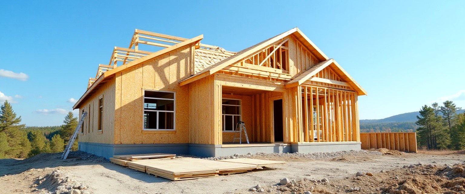 A residential house under construction at the framing stage with exposed studs and roof trusses against a clear sky