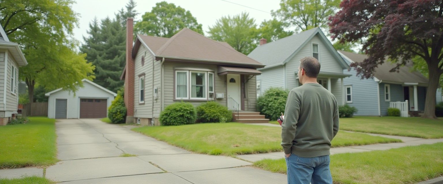 An investor standing on the sidewalk outside a modest older single-family house, looking at it