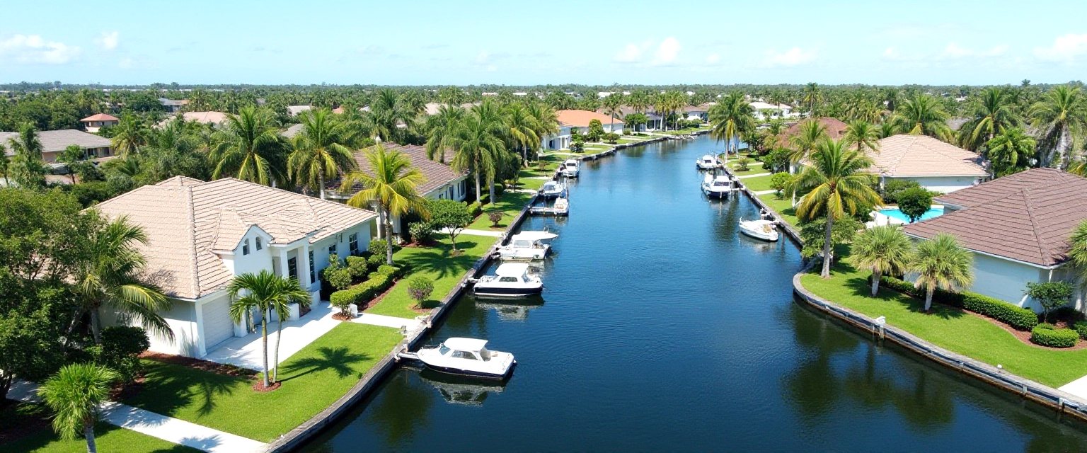 Aerial view of a Florida single-family neighbourhood with waterways and rooftops in afternoon light