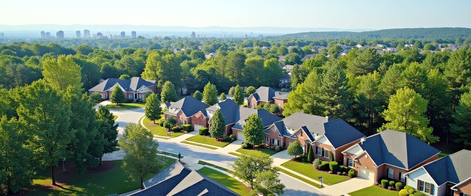 Aerial view of an Atlanta area neighbourhood of brick homes among tall pines with the downtown skyline on the horizon