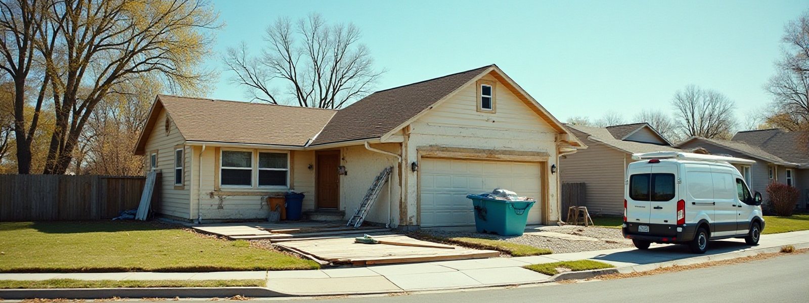 A single family house mid-renovation with siding removed, a dumpster on the drive and a work van at the curb
