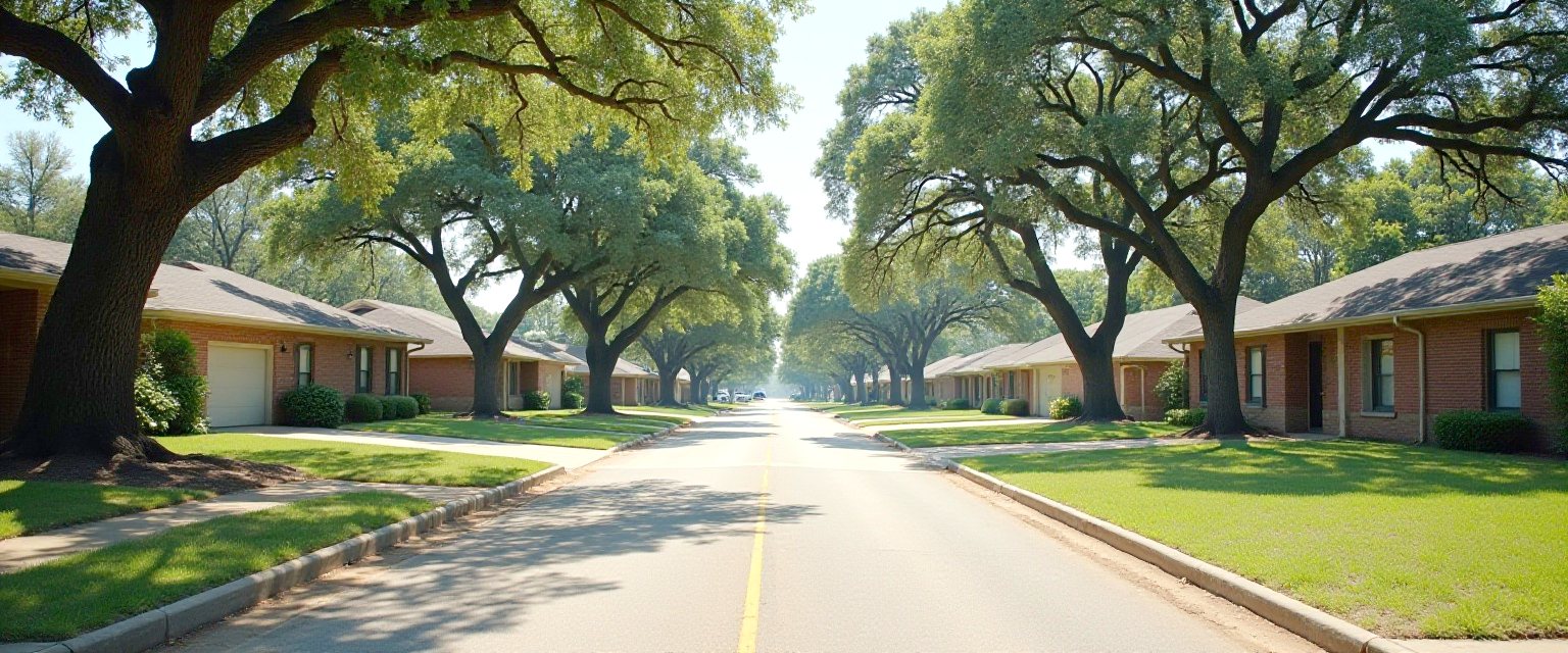 A street of single-storey brick ranch houses in a Houston neighbourhood with wide driveways and mature trees