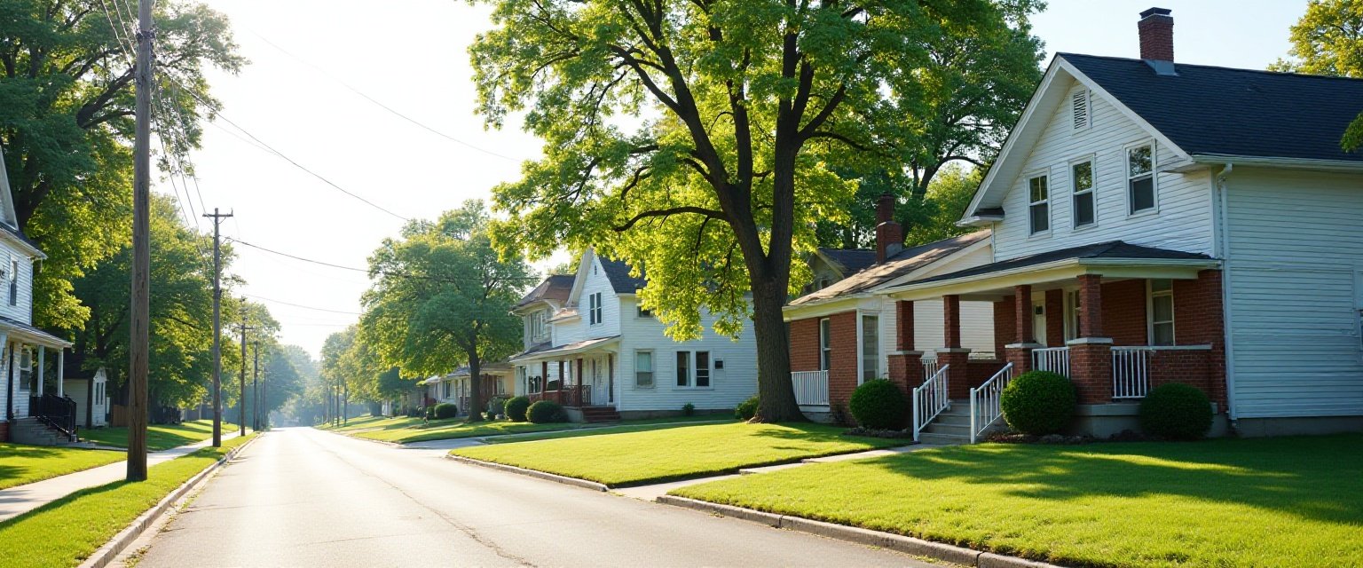 A sunny, tree-lined residential street of older frame and brick houses with deep front porches and green lawns