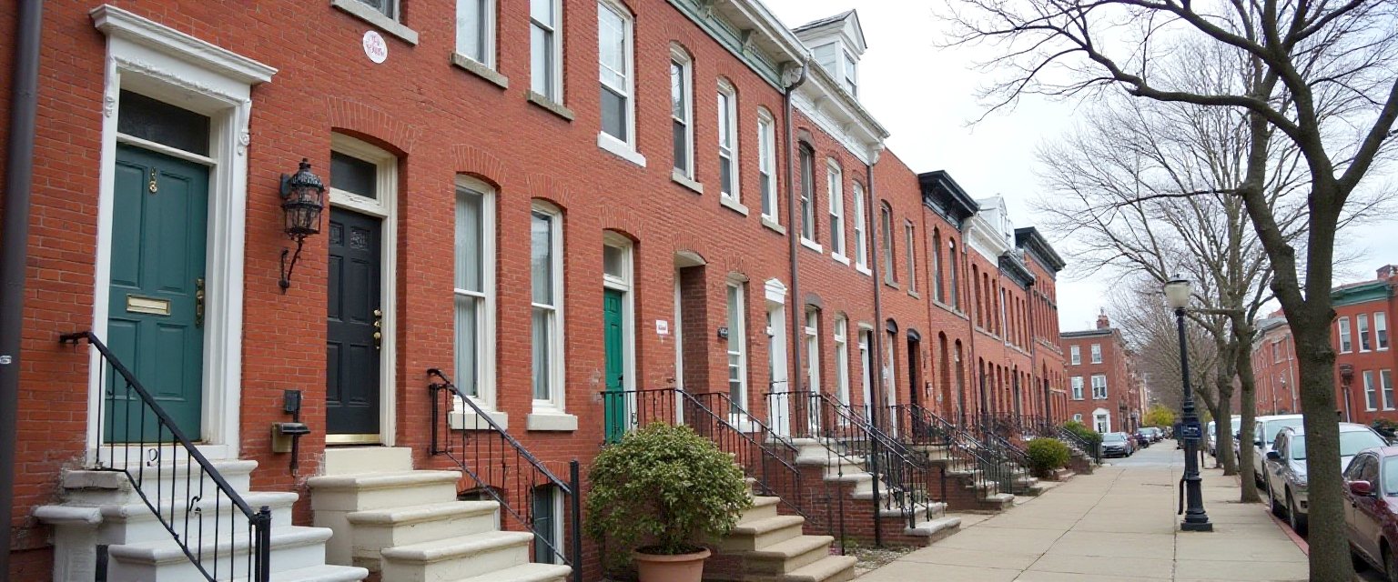 A block of Baltimore brick rowhouses with marble steps and painted screens under bare trees in winter daylight