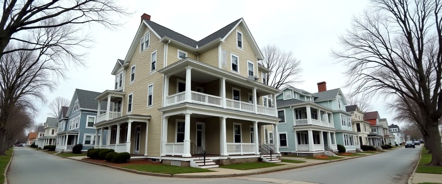 A row of three-decker wood-frame houses on a Worcester street with porches stacked three storeys under a clear sky