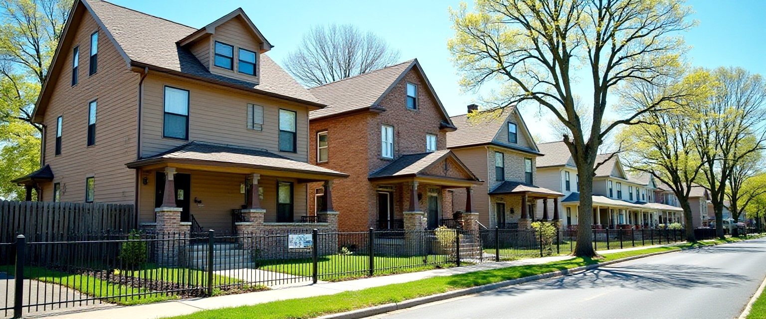 A street of brick and clapboard Detroit houses with deep front porches and mature trees on a clear day