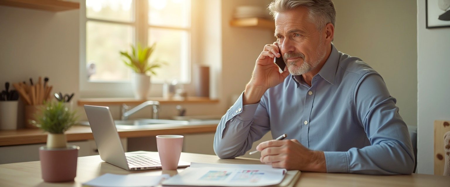 An investor on a phone call at a kitchen table with a property listing and a notepad of questions in front of him