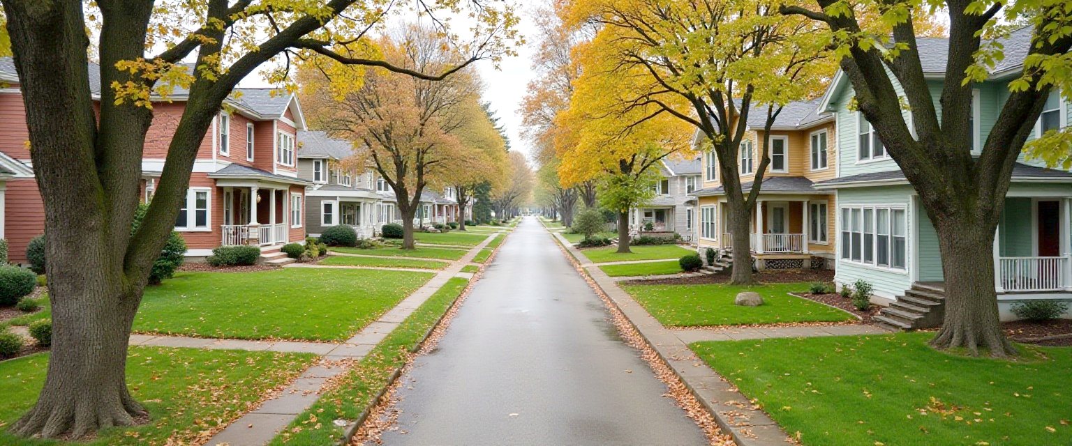 An older Ohio residential street of two-story wood-frame houses with front porches under mature trees in autumn