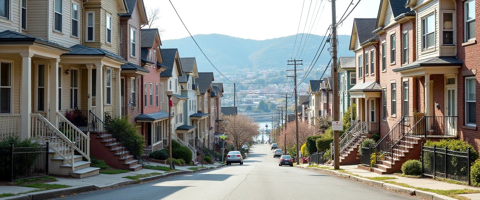 A hillside street of Pittsburgh rowhouses and frame houses stepping down toward a river valley on a clear day