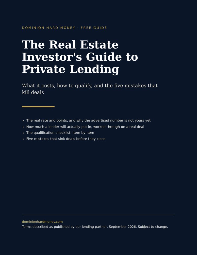 Cover of The Real Estate Investor's Guide to Private Lending, a free guide from Dominion Hard Money
