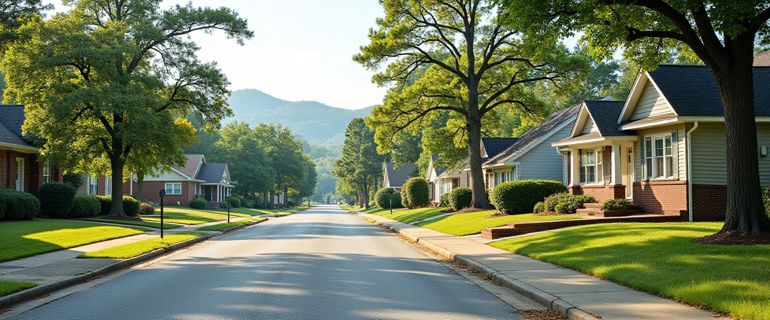A tree-lined Upstate South Carolina street of brick and sided ranch houses with the Blue Ridge foothills in the distance