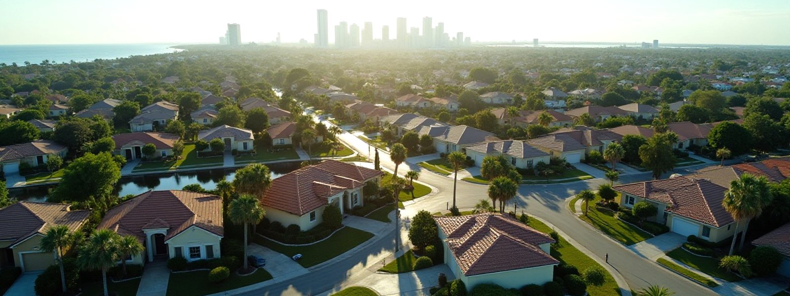 Aerial view of a Tampa Florida residential neighborhood with the downtown skyline beyond