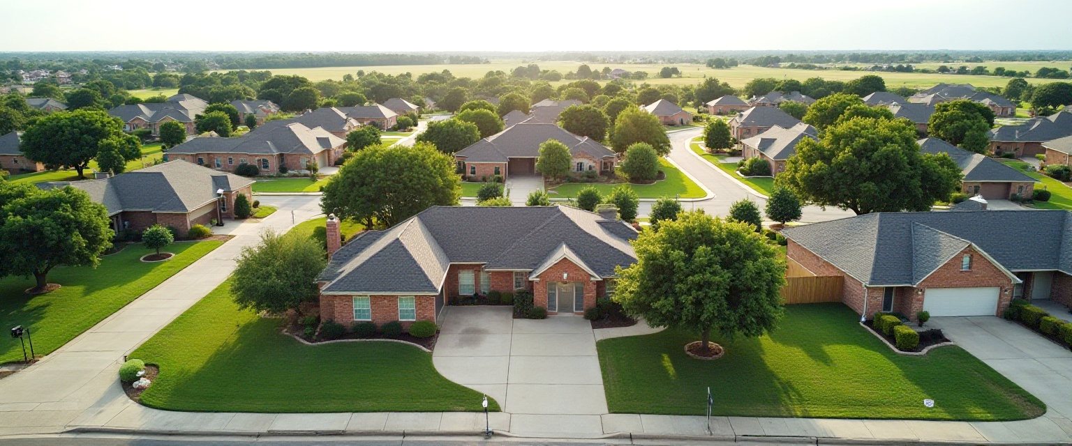 Aerial view of a Texas suburban neighbourhood of brick single-family homes with wide lawns in afternoon light
