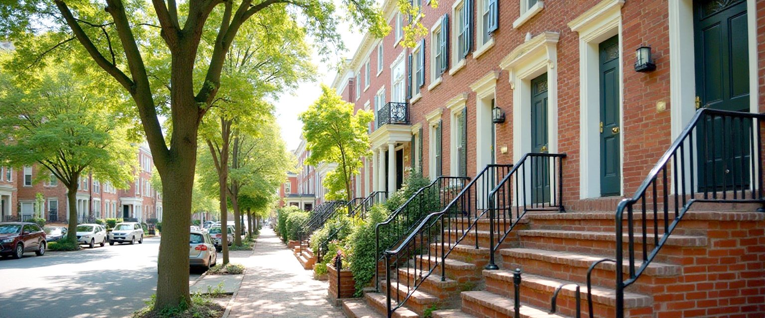 A row of brick townhouses on a Richmond street with iron railings and mature trees on a clear day