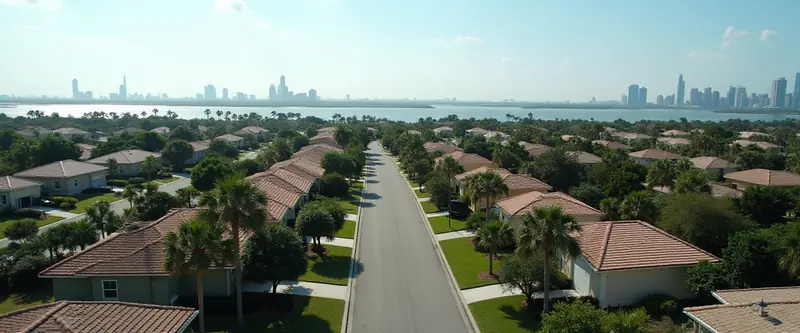 Aerial view of a long straight street of single-family homes leading toward a bay and skyline