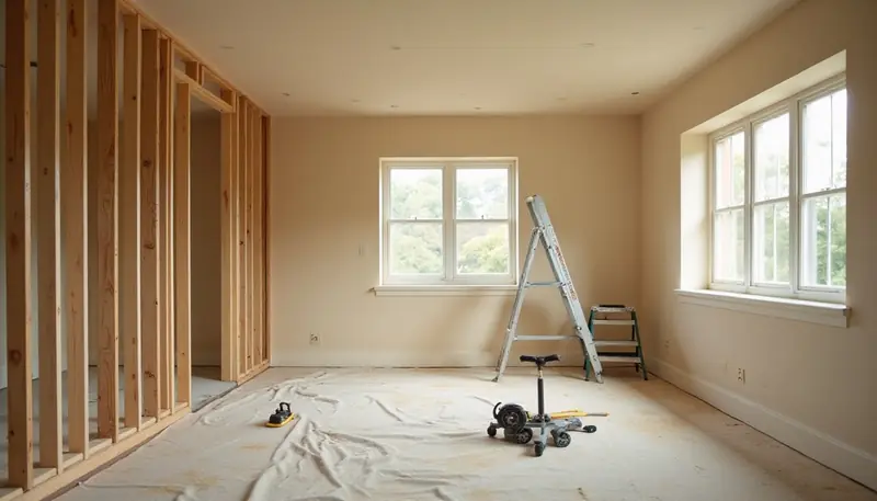 A gutted living room with exposed wall framing, new windows and a stepladder