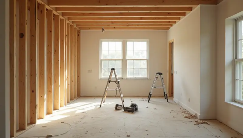 An empty room mid-renovation with framed stud walls, a bare subfloor, a stepladder and two windows letting in daylight