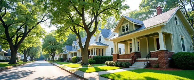 A tree-lined street of older craftsman-style houses with deep front porches