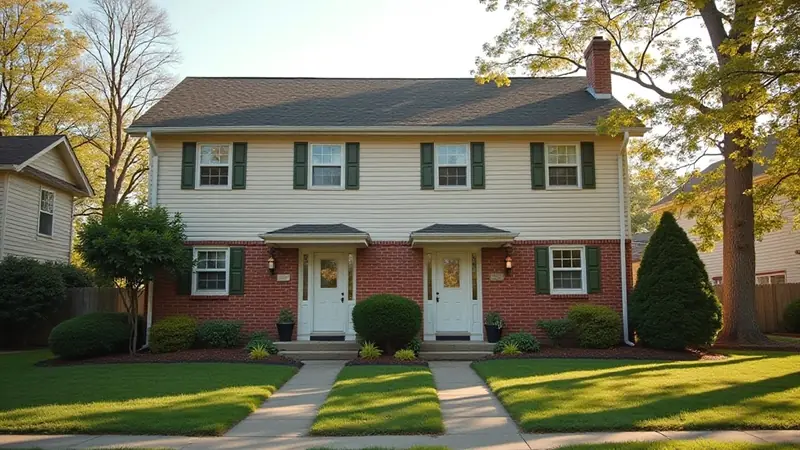 A two-unit brick rental house with two front doors and a small front yard