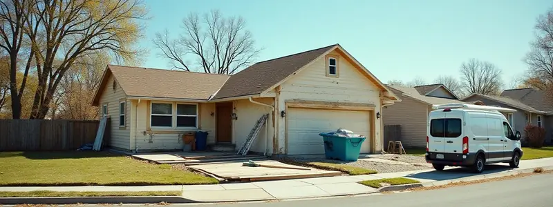 A one-story house with a two-car garage under renovation, a ladder against the front wall and a white work van parked at the curb