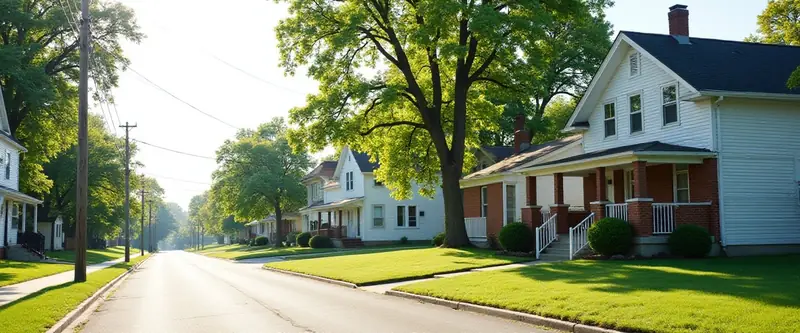 A Midwestern street of older frame houses with front porches and big trees