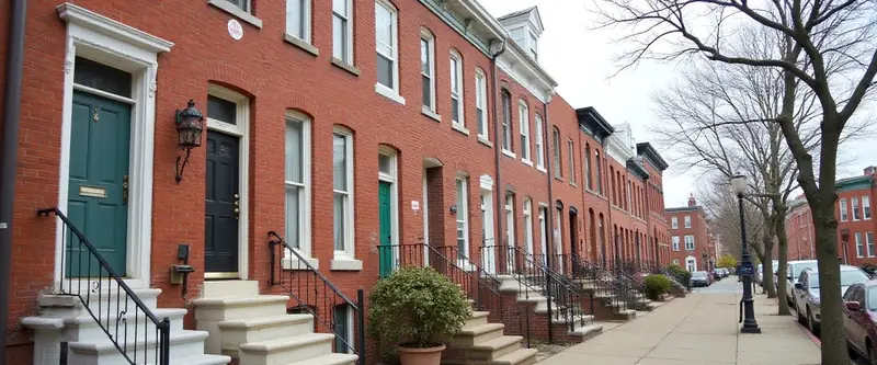 A row of brick rowhouses with marble front steps on a city street
