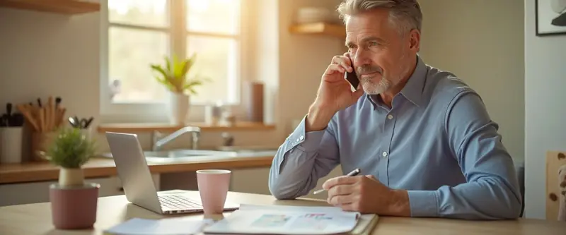 A man on a phone call at a kitchen table with a laptop and a notepad