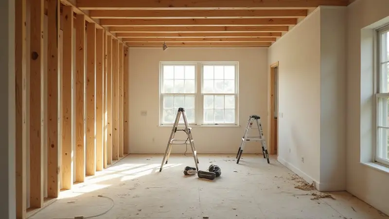 A room mid-renovation with framing exposed, new windows and a ladder