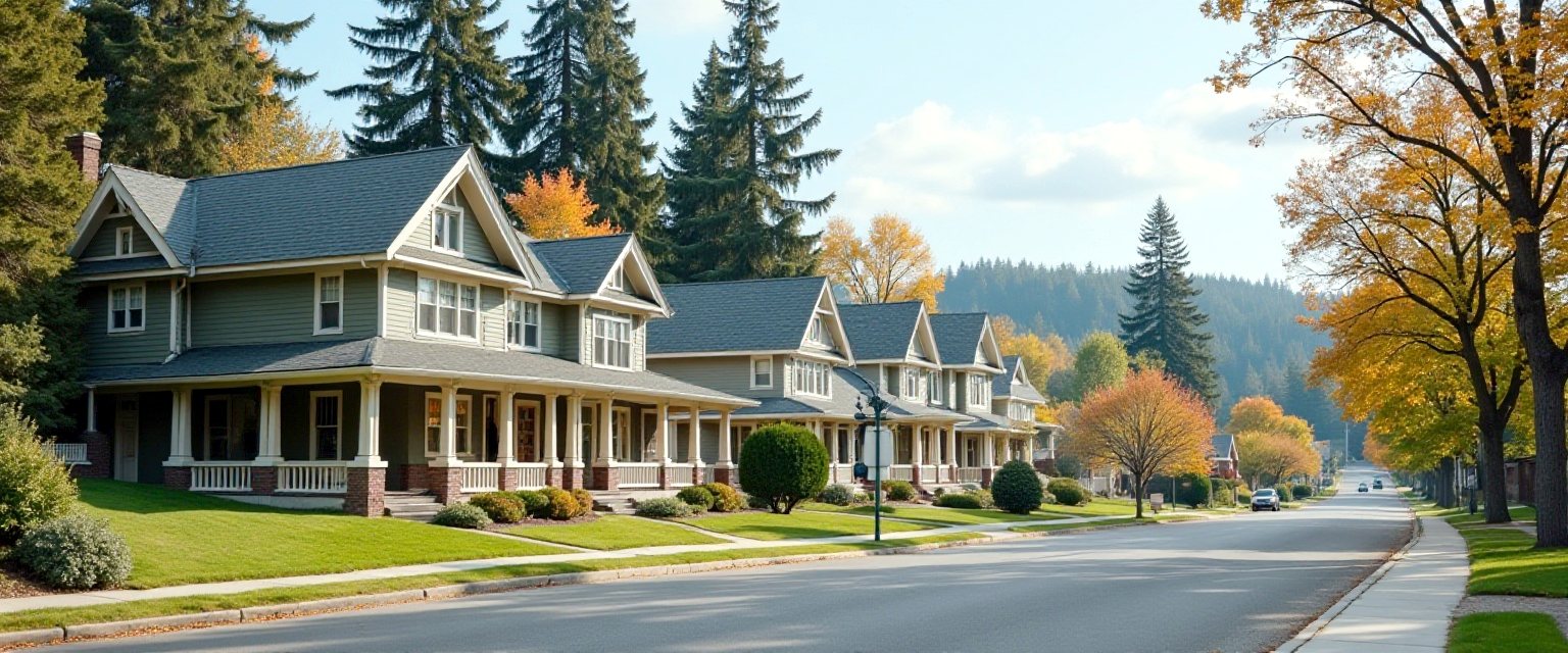 A street of craftsman houses with deep porches on a Spokane hillside with evergreens behind them